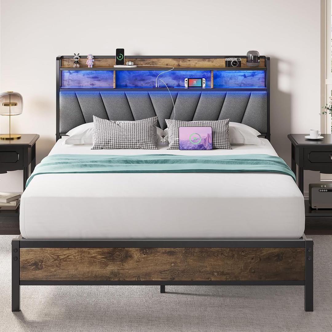 Queen Bed Frames with Headboard, LED Lights Queen Size Bed Frame with Charging Station, 2-Tier Storage Shelves, Heavy Duty Metal Slats, Noise Free, No Box Spring Needed, Easy Assembly, Brown
