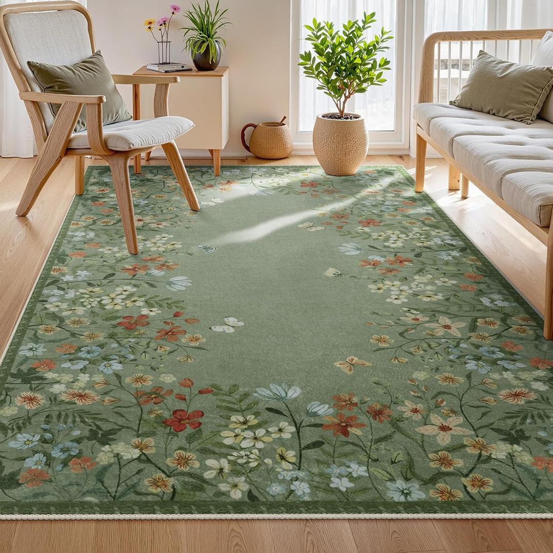 Wonnitar Washable 5x7 Area Rugs, Green Floral Rugs for Bedroom, Non-Shedding Living Room Throw Rug, Botanical Dining Room Floor Carpet for Bedside Kids Girls Bedroom (Green,5'x7')