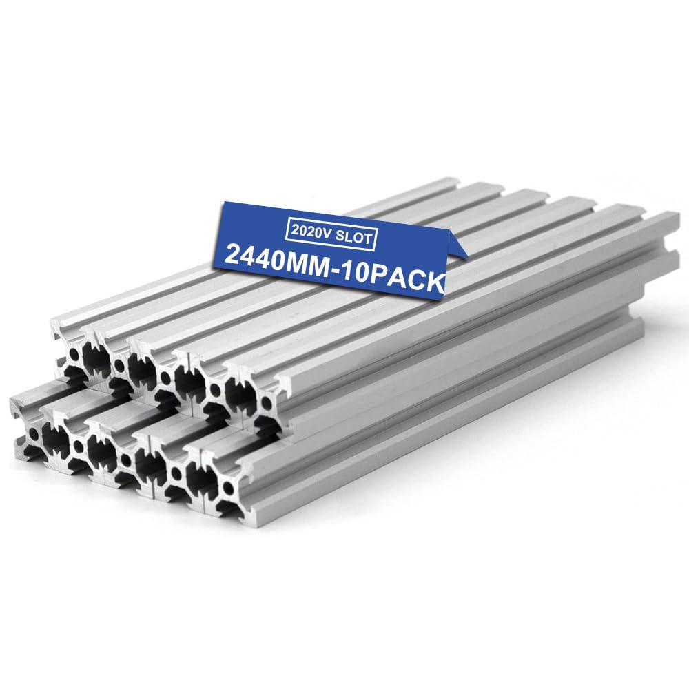10PCS V Slot 2020 Aluminum Extrusion European Standard 2440mm(96'') Length Anodized Extruded Aluminum for CNC DIY 3D Printer and Industrial Bracket Making Silver