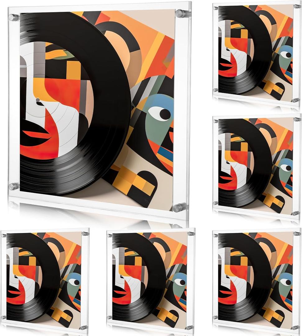 Qunclay 6 Pack Floating Acrylic Album Frames for Vinyl Records 12.5x12.5 Inch Wall Mount Display Holder Clear Frameless Single Lp Album Music Cover Frame Vinyl Display Frame for Home Wall Art Decor
