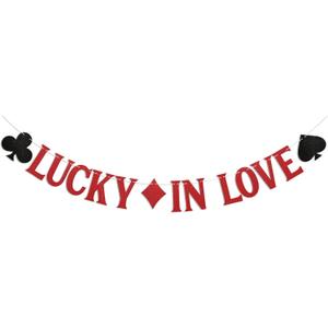 Lucky in Love Banner - Las Vegas Bridal Shower Decor, Casino Theme Blackjack Game Night Wedding Engagement Bachelorette Party Decorations Red Glitter