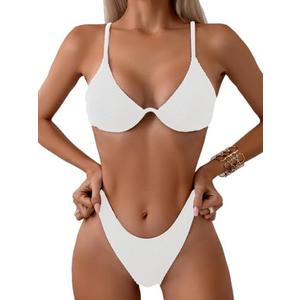 Fanuerg Women Underwire Triangle Bikini Spaghetti Strap Push Up Swimsuit Cheeky Two Piece Bathing Suit XL