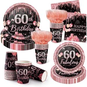 250PCS 60th Birthday Party Decorations for 50 Guests Black and Rose Gold Party Supplies for Women Include Disposable Paper Plates, Napkins, Cups, and Disposable Plastic Cutlery (60)