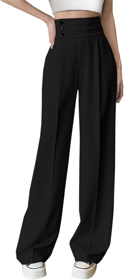 Betusline Women's High Waist Dress Pants Business Side Button Work Wide Leg Pants Straight Leg Trousers, X-Small-XX-Large (Black)