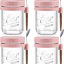 LANDNEOO 4 Pack Overnight Oats Containers with Lids and Spoons, 16 oz Glass Mason Jars with Airtight Lids, Overnight Oats Jars for Milk, Cereal, Fruit-Pink