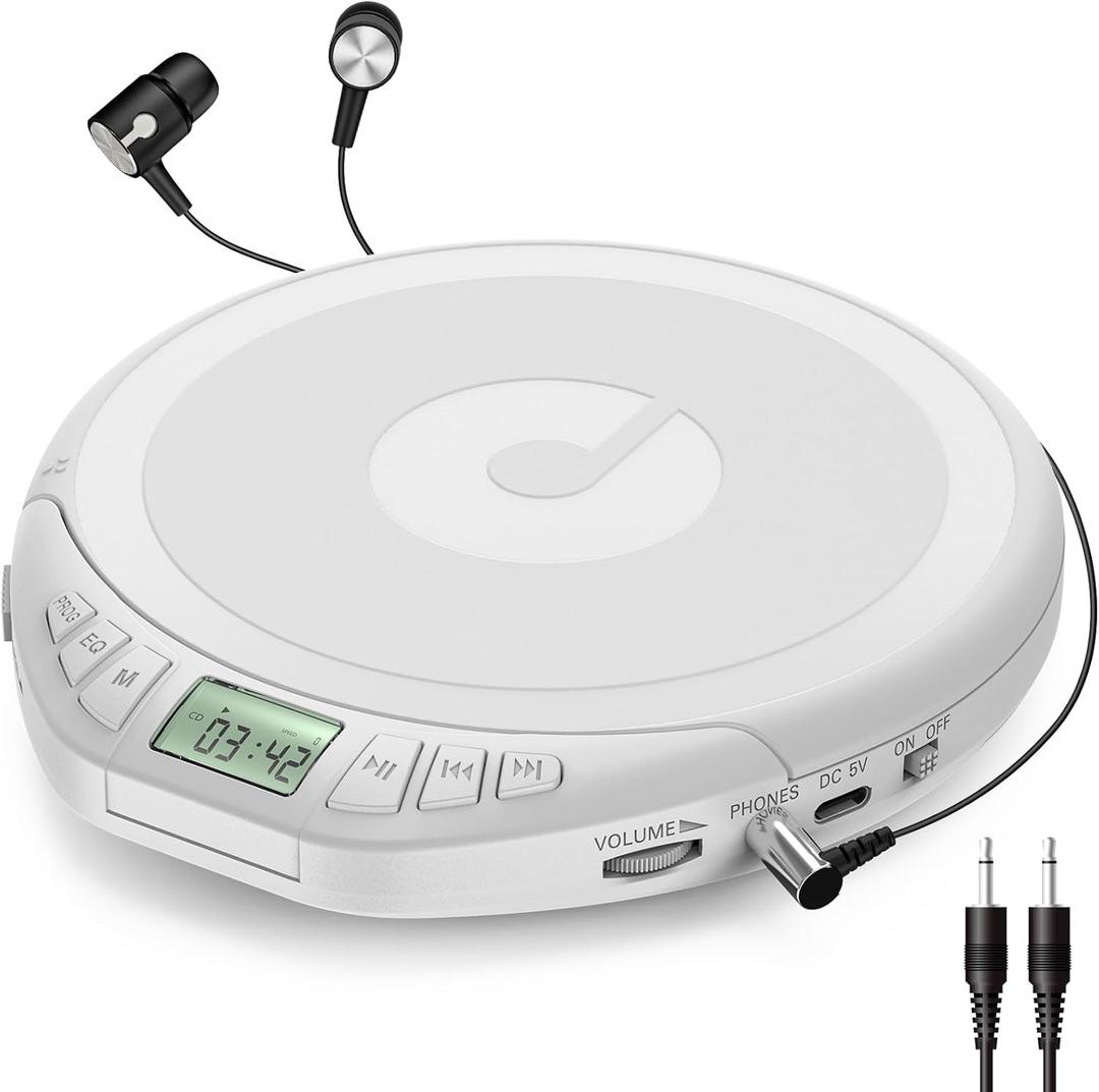 Gueray Portable CD Player with Earphones,CD Discman for Car Home with Anti-Skip Shockproof Protection,Personal CD Music Player with LCD Display Support PROG Memory Function (White)