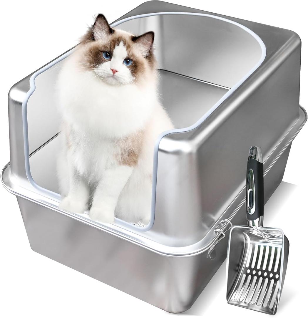 Stainless Steel Litter Box with Metal Lid and Scoop - Enclosed Metal Litter Box for Large Cats, Rust-Resistant, Odor-Control, Easy to Clean, Durable & Long-Lasting with Round Edge (L) (L:17.7"x13.8"x11.8")