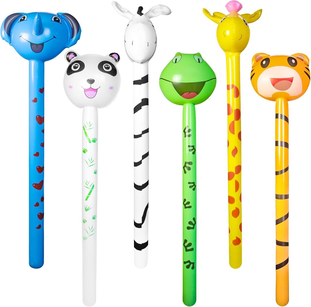Novelty Place 6 Pcs Inflatable Animals Stick with Sound - Jungle Safari Animal Balloons Stick Blow Up Toys for Kids Animal Theme Birthday Party Favors and Decorations