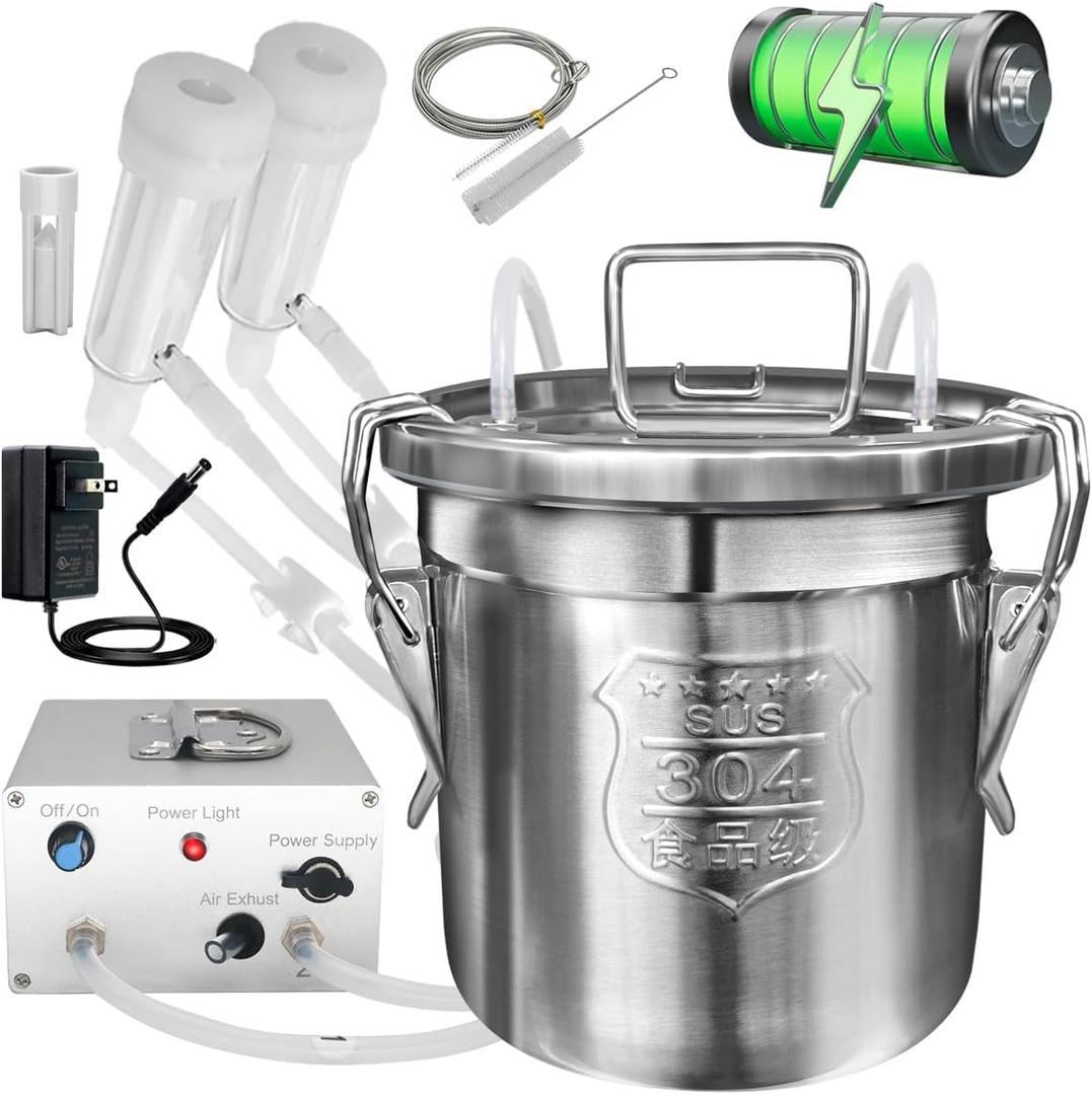 6L Goat Milking Machine, Rechargeable Battery Powered Speed Adjustable Pulsating Vacuum Pump, 304 Stainless Steel Milk Bucket with Auto Stop Check Valve Goat Milker Machine (Pro Model)