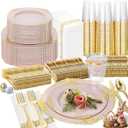 Nervure 350PCS Pink Plastic Plates - Pink Plastic Dinnerware Sets for 50 Guests - 100 Disposable Plates, 150 Gold Silverware, 50 Cups, 50 Napkins Perfect for Wedding & Party & Easter
