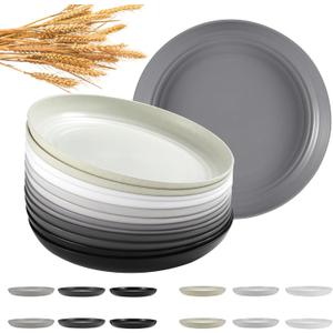 HEYCOME 12 Pcs Unbreakable Deep Dinner Plates Set, 10 inch Reusable Plastic Wheat Straw Plates, Microwave and Dishwasher Safe Plate for Kitchen, Lightweight Plate for Dessert, BPA Free, 6 Colors