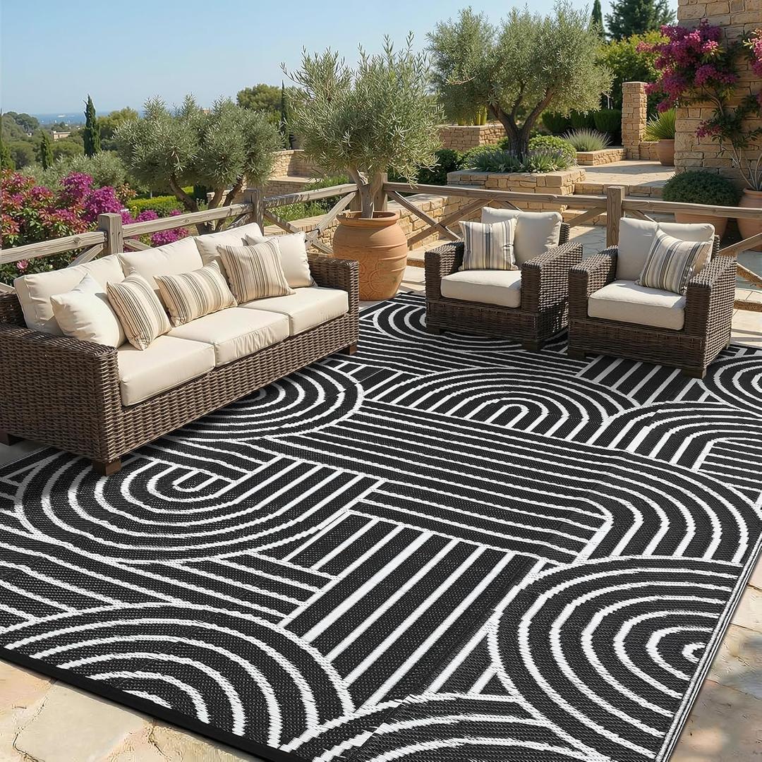 Garvee Reversible Rainbow Outdoor Rug 10x14, Waterproof Outdoor Plastic Straw Rug, RV Mat for Picnics, Patio, Camping, Balcony, Deck, Backyard, Porch, Black