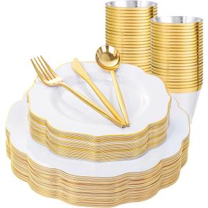 bUCLA 180PCS White and Gold Plastic Plates Disposable - White with Gold Rim Dinnerware Set Include 30 Guests Dinner & Dessert Plates, Cups, Cutlery Set for Wedding, Party & Thanksgiving Table Decor