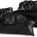 BEDELITE Satin Comforter Set King Size, 7 Pieces Pintuck Bed in A Bag with Comforter, Flat Sheet, Fitted Sheet, Pillowcases, Shams, Soft Cozy Similar to Silk Bed Set for All Seasons (Black)