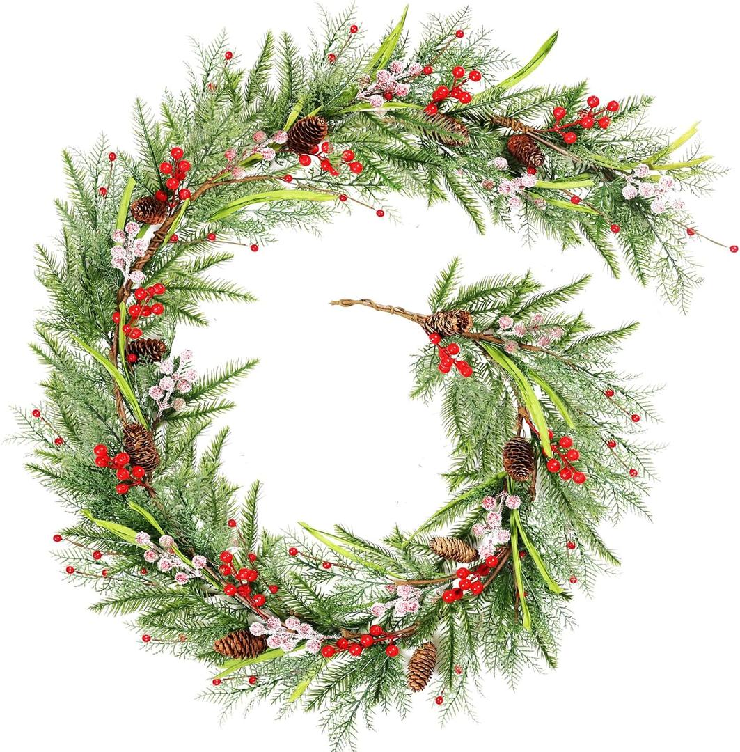 6 Ft Christmas Artificial Pine Vine Garland Green Norfolk Swags Garland Snowy Red Berries Pinecones Pine Needles Garlands for Christmas Holiday Xmas Winter Mantle Party Table Centerpiece Decorations
