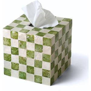 5.7" Square Tissue Box Cover, Handmade Checkered Cube Tissue Box Cover with Capiz Shells, Decorative Tissue Holder for Living Room, Bathroom, Bedroom or Office (Pistachio Green)