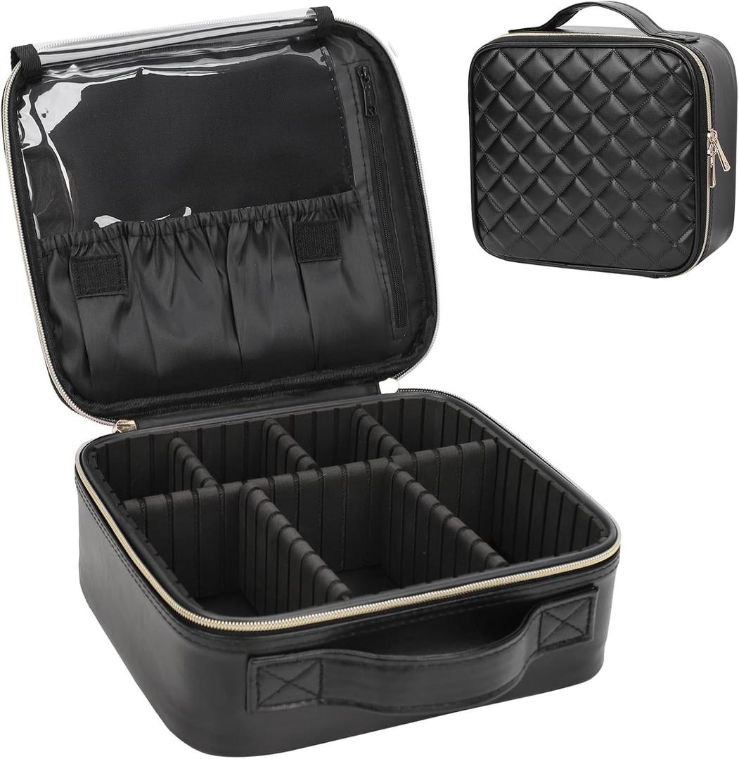Relavel Makeup Bag, Travel Cosmetic Train Case Organizer Portable Artist Storage Bag with Adjustable Dividers for Cosmetics Makeup Brushes Toiletry Jewelry Digital Accessories Quilted Leather Black