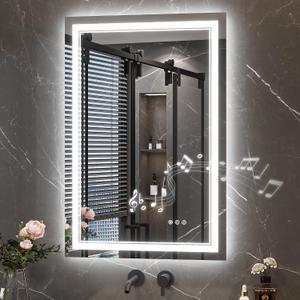 Keonjinn 24"x36" Lighted Mirrors for Bathroom Wall with Bluetooth Speaker, LED Mirror for Bathroom with Frontlit & Backlit, Bluetooth Mirror Bathrooms, Tempered Glass, Dimmable 3-Color Lights, CRI90+
