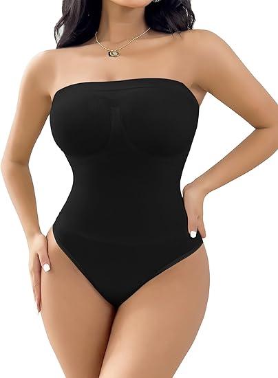SheBuddy Women's Strapless Shapewear Thong Bodysuit Tummy Control Seamless Sculpted Body Shaper with Removable Straps, Small