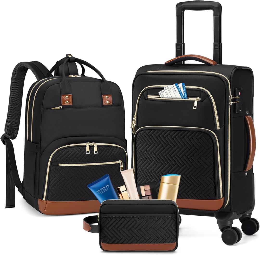 RAINSMORE Carry On Luggage 22x14x9 Airline Approved, 20 Inch Softside Suitcases with Wheels, 3 Piece Luggage Sets, Rolling Carry On Suitcase with TSA Lock for Travel Weekender (Black-Brown)