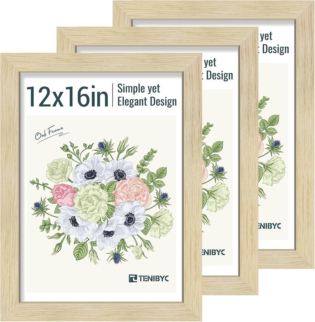 12x16 Picture Frame 3 Pack, Oak Wood, Real Glass, Wall Hanging