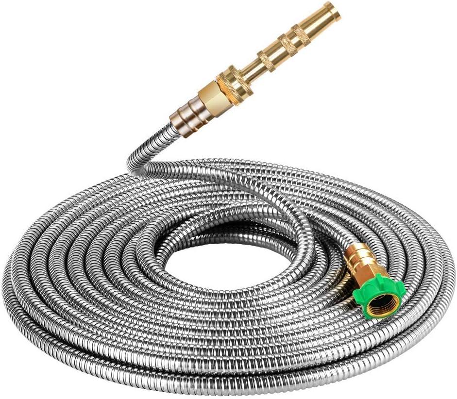 304 Stainless Steel Metal Garden Hose Extension 100 Ft with Brass Water Hose Nozzle Flexible & Lightweight Kink Free Hose Connector for Hose Reel Faucet Outdoor