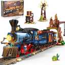 Western Train Building Set with Lights, 1912 PCS West Trains Static Display Model Toy with Tracks Windmill Water Tower, Home Office Decor Building Blocks for Adults Teens Big Boys Girls 12+