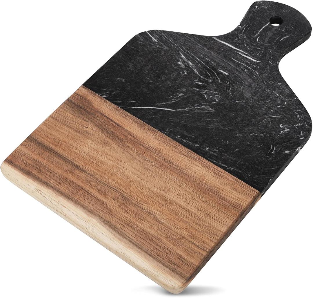 Coloch Marble and Acacia Wood Cutting Board, Black Charcuterie Chopping Board with Handle, Decorative Serving Board for Cheese, Steak, Bread, Fruit