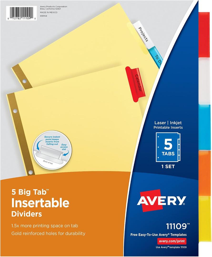 3 x Avery Binder Dividers - 5-Tab Insertable Multicolor Big Tabs for Binders, 1 Set of Dividers (11109)