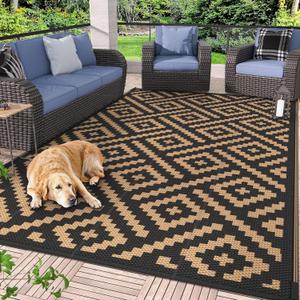 GENIMO Outdoor Rug for Patio Clearance,9'x12' Waterproof Large Mat,Reversible Plastic Camping Rugs,Rv,Porch,Deck,Camper,Balcony,Backyard (Black & Brown)