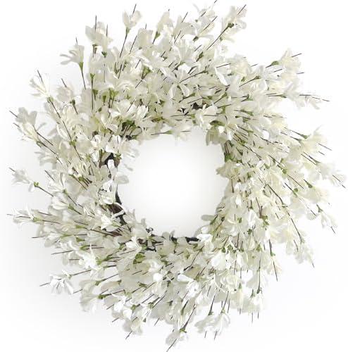 Summer Wreath for Front Door, 24 Inch White Cream Forsythia Summer Spring Wreath Blossom Cluster Flower Farmhouse on Grapevine for Christmas Festival Celebration Front Door Wall Window Hanging Décor
