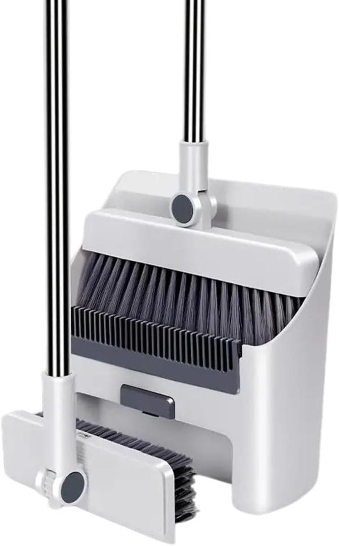 Broom with Dustpan Combo Set, 3 in 1 for Sweeping Indoor and Push Broom Outdoor with Dust Pan, 14.2 to 48.8 inch Adjustable Long Handle Broom and Dustpan Set (White)