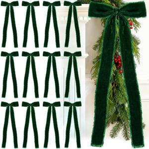 20 Pcs Forest Green Large Velvet Christmas Bows 4.7" x 11" Big Pre Tied Handmade Fringe Velvet Ribbon Bows 1" Wide Rustic Crafts Gift-Bows with Twist Tie for Gift Wrapping Christmas Decor