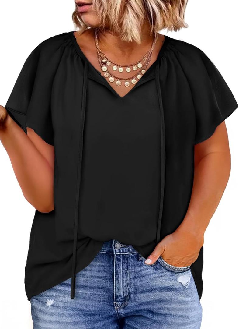 Eytino Women Plus Size Tops Boho Printed V Neck Short Sleeve Drawstring Casual Chiffon Shirts Blouse(1X-5X) (Black, XXL)
