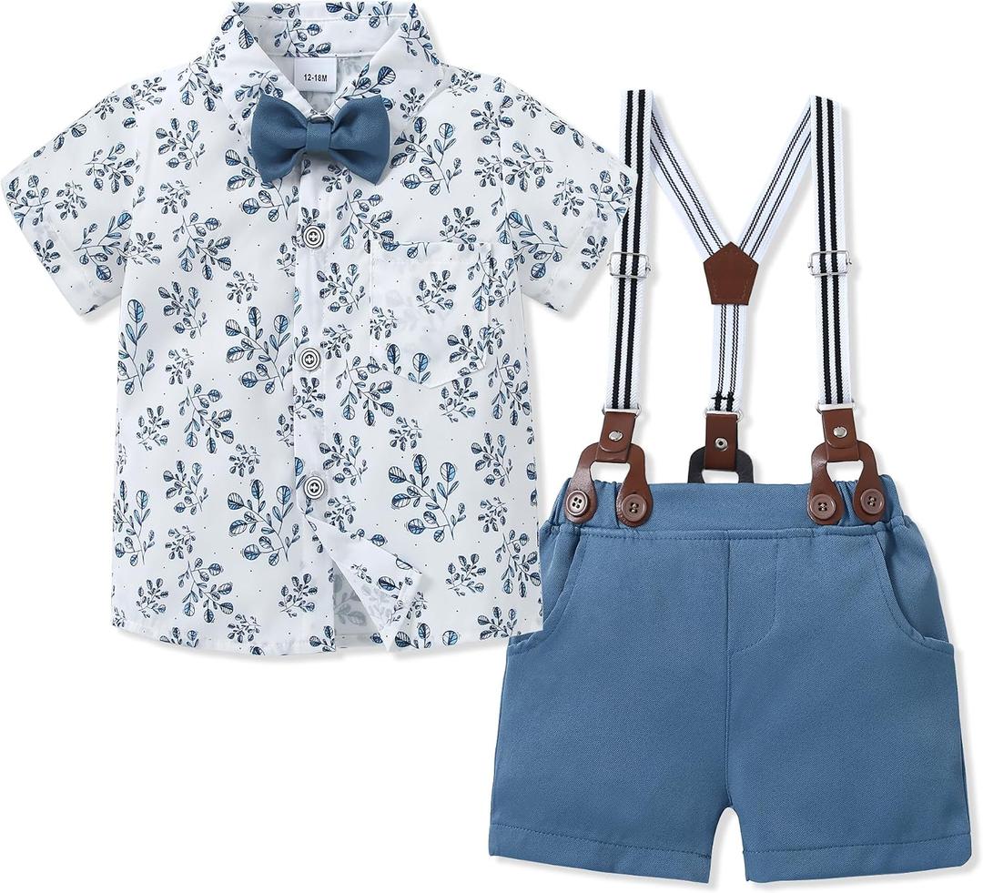 Toddler Baby Boy Outfits 12-18M Boys Dress Clothes Suit Cotton Linen Short Sleeve Shirts+Bowtie+Suspender Shorts Set (Blue)