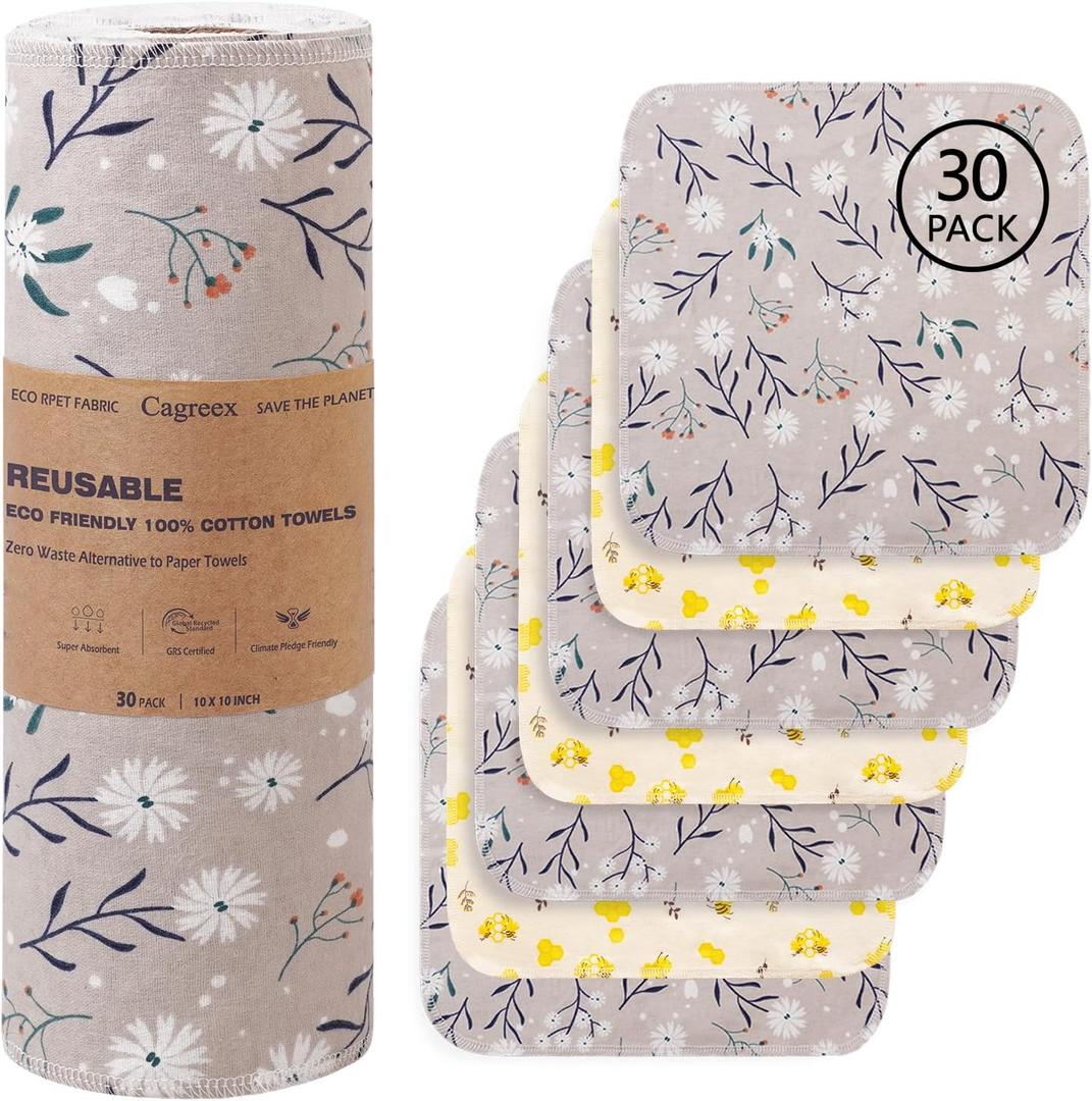 Reusable Dishcloths Kitchen Towels Cotton: 30 Packs 10X10 Washable Roll Paperless Paper Towels Absorbent Dishcloths Set Dish Tea Towel for Kitchen Drying (15Bee+15Daisy, 1010") (02 Multicolor)