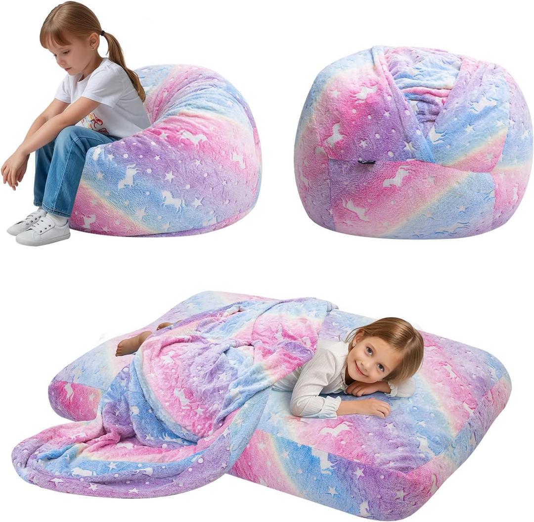 COMAX Bean Bag Chair for Kids, Toddler Beanbag Bed Unicorn, Convertible Children Bean Chair to Floor Mattress with Filler, Stuffed Child Bean Bags for Girl Boy Sleeping, Colorful Rainbow