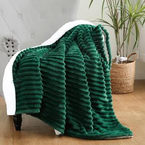 Green Sherpa Fleece Throw Blanket 50”×60” for Couch Sofa Bed,Double Side Soft Fuzzy Cozy Plush Thick Flannel Blanket with Striped Design Gift for Adults,Woman,Girls