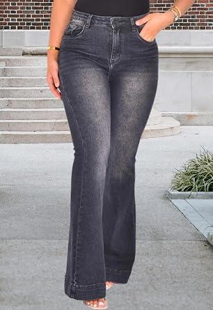 Women's Flare High Waisted Bell Bottom Wide Leg Jeans Stretch Classic Denim Pants, Large