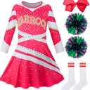 HANERREAL Girls Cheerleader Costume Outfit Halloween Cheer Uniform Dress Up with Accessories (Rose Red, Small(5-6 T))