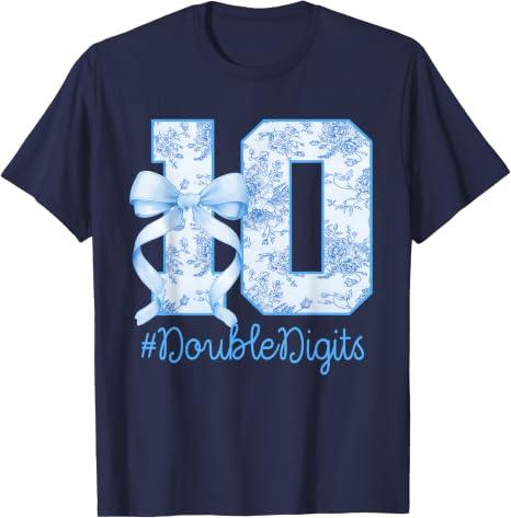 T-Shirt, 10th Birthday Girl Blue Coquette Bow 10 Year Old, XS