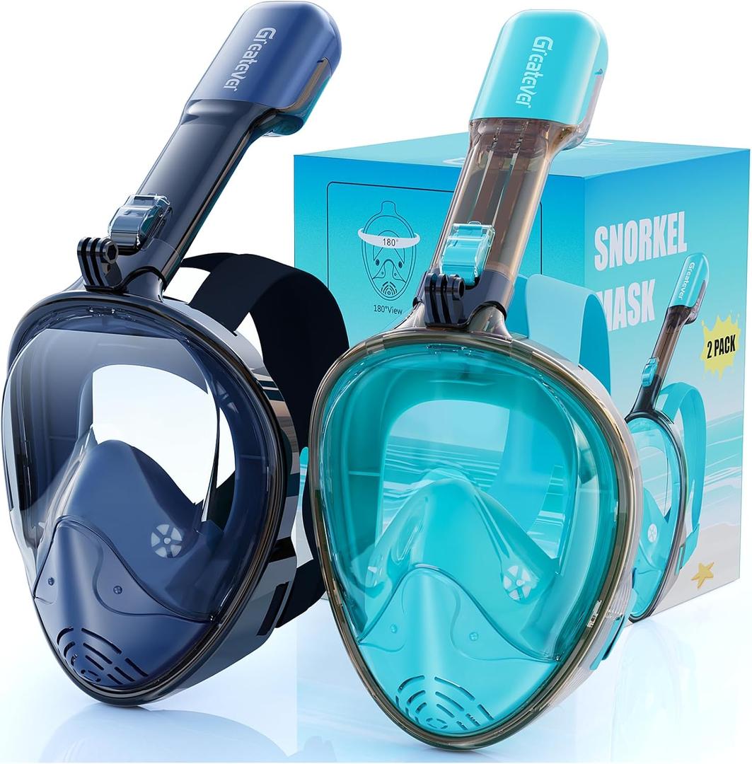 Greatever Full Face Snorkel Mask, Snorkeling Gear for Adults with Latest Dry Top Breathing System and Detachable Camera Mount, Foldable Snorkel Set for Family Snorkeling Trips, Anti-Fog & Anti-Leak (Small-Medium, 2 Pack - Cerulean Blue+Green)