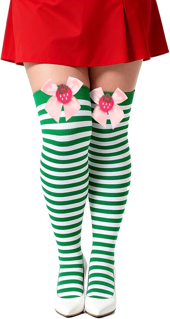 Voiiake Green and White Striped Socks for Strawberry Themed Costume Women, Nylon Over the Knee High Stockings with Pink Bow & Strawberry Accent for Cosplay, Halloween Costumes or Lolita Fashion