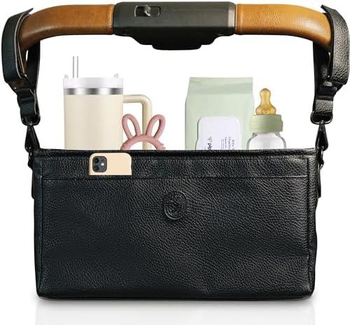 Universal Stroller Organizer with Cup Holder - Vegan Leather Stroller Caddy, 4 Built-In Pockets, Shoulder Strap, Fits Mockingbird, UppaBaby, Nuna, BOB and More