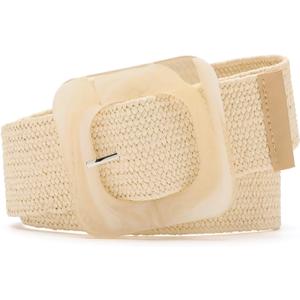 Earnda Elastic Wide Belt for Women Stretch Straw Woven Waistband with Pin Buckle Beige