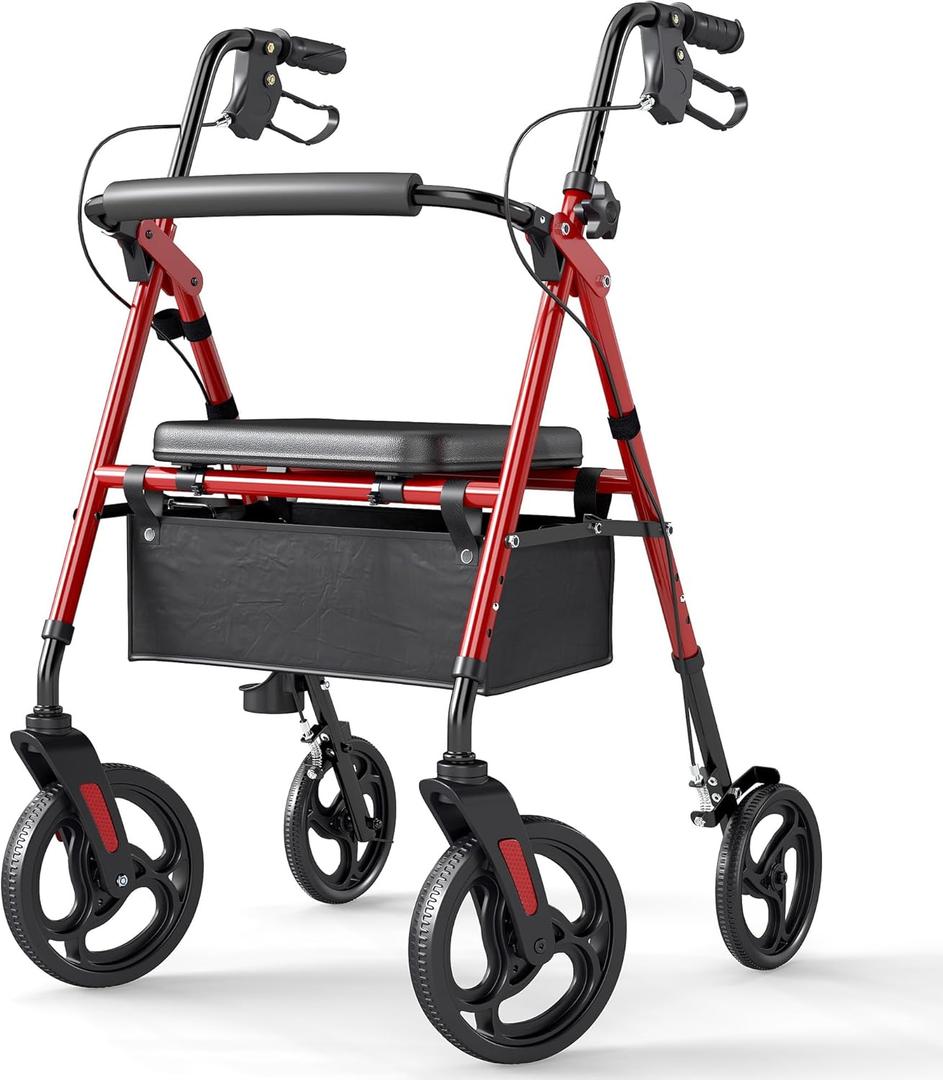 ELENKER Rollator Walker with 10 Wheels, Sponge Padded Seat and Backrest, Fully Adjustment Frame for Seniors, Red