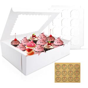 12PCS Cupcake Boxes 12 Count Cupcake Container with Window White Cupcake Holder Holding 144 Cupcakes for Birthday Holiday Party Bakery Supplies (12Pcs+Stickers Round)