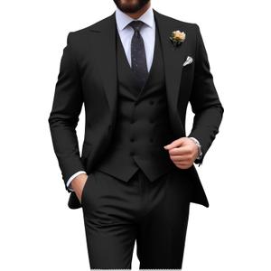 Mens Suit Slim Fit 3 Piece Double Breasted Suit Men Formal Tuxedo Set Casual Wedding Prom Groom Suits (Black), 3X-Large