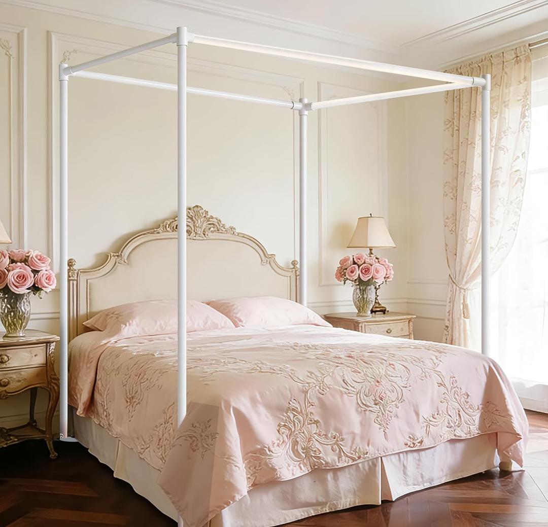 White Canopy Bed Frame Queen Size, Stainless Steel Bed Post Poles with Aluminum Connectors Thicken Canopy for Wood or Metal Beds Bedroom Decor, White