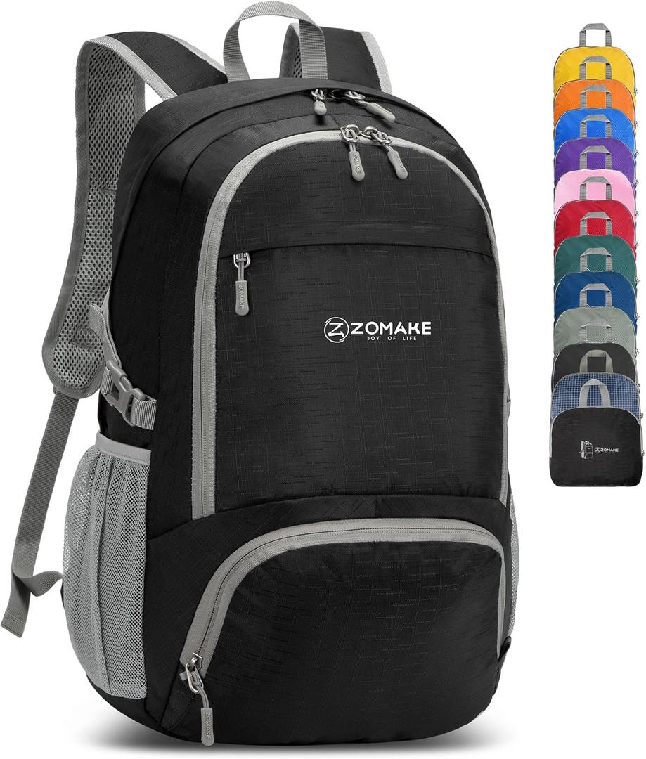 ZOMAKE Lightweight Packable Backpack 30L, Foldable Hiking Backpacks Water Resistant Compact Folding Daypack for Travel(Pure Black) (Medium)
